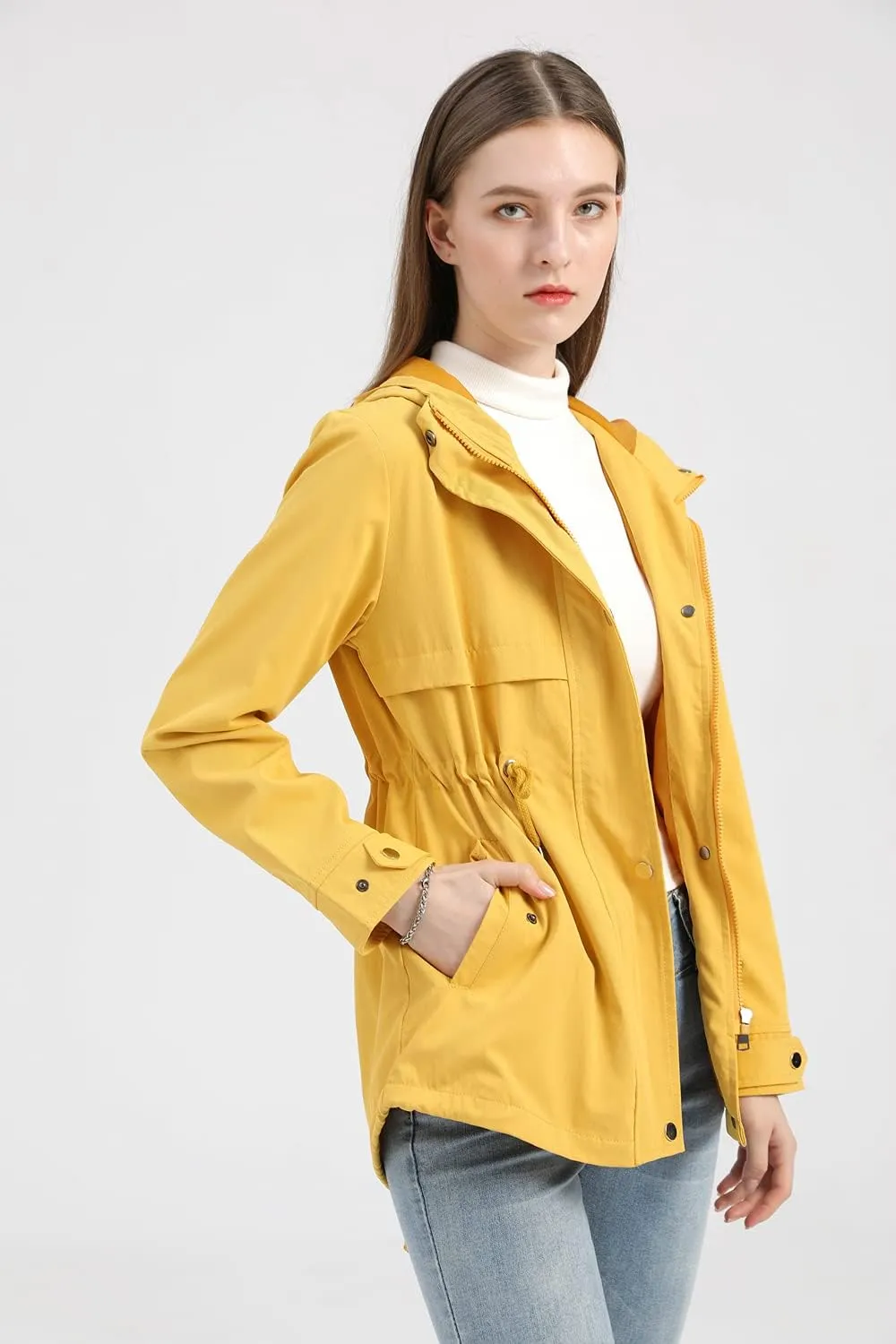 Meufam Women's Mid-Length Rain Jacket Waterproof Lightweight Outdoor Trench Raincoat with Hood