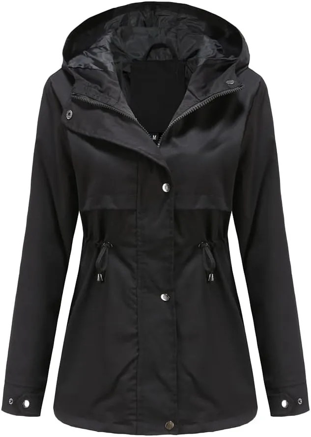 Meufam Women's Mid-Length Rain Jacket Waterproof Lightweight Outdoor Trench Raincoat with Hood