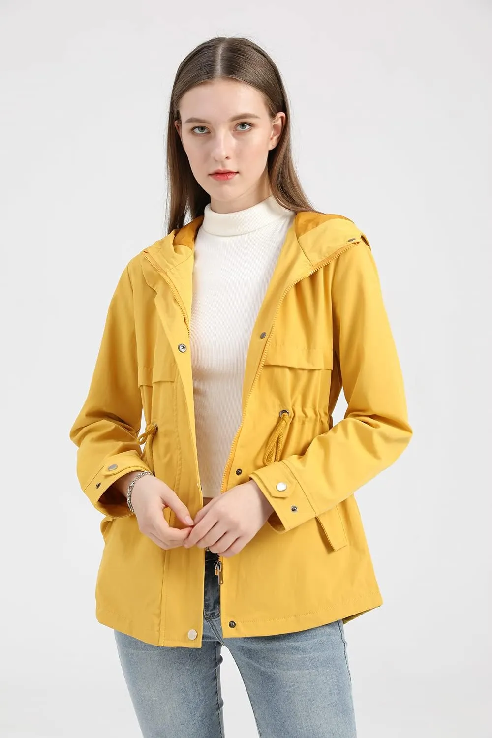 Meufam Women's Mid-Length Rain Jacket Waterproof Lightweight Outdoor Trench Raincoat with Hood