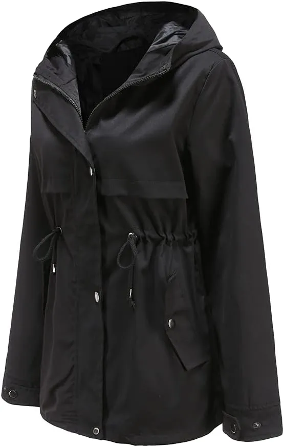 Meufam Women's Mid-Length Rain Jacket Waterproof Lightweight Outdoor Trench Raincoat with Hood