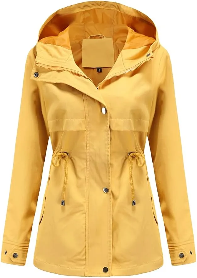 Meufam Women's Mid-Length Rain Jacket Waterproof Lightweight Outdoor Trench Raincoat with Hood