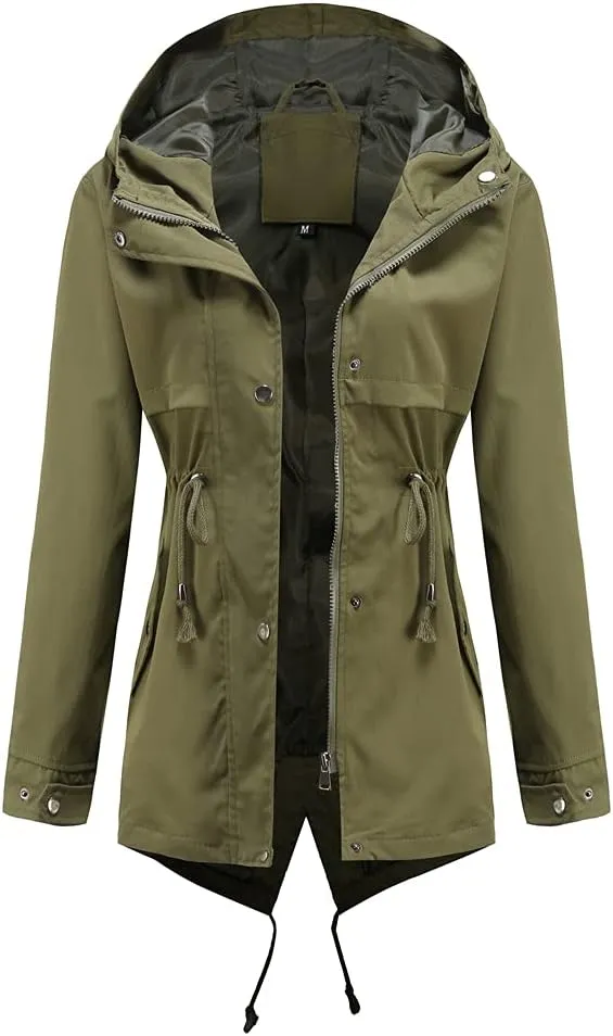 Meufam Women's Mid-Length Rain Jacket Waterproof Lightweight Outdoor Trench Raincoat with Hood