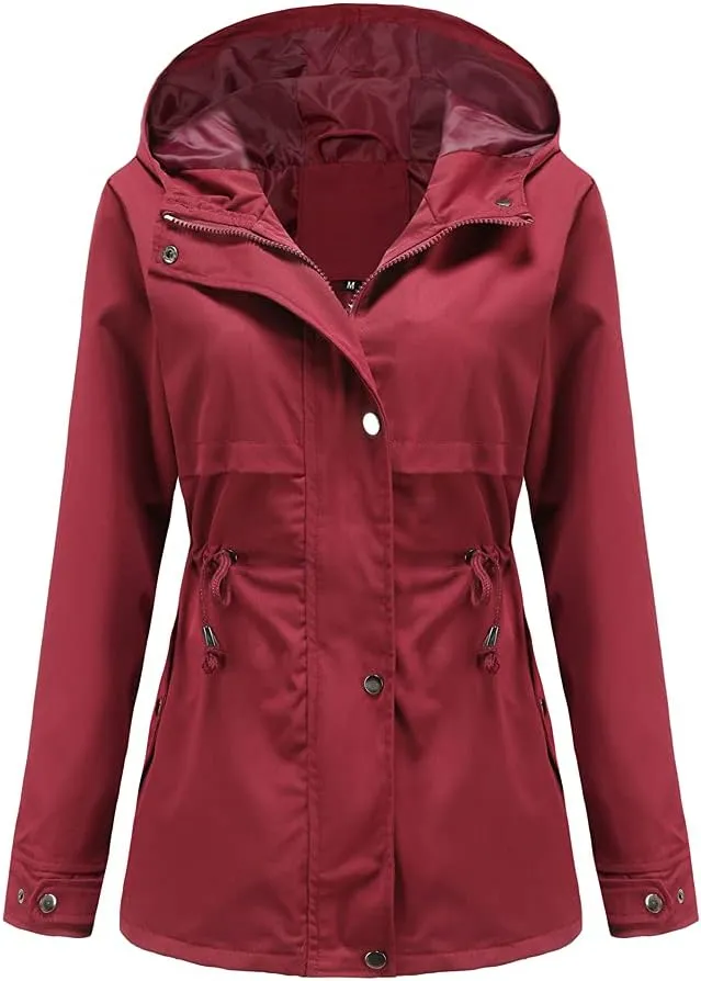 Meufam Women's Mid-Length Rain Jacket Waterproof Lightweight Outdoor Trench Raincoat with Hood