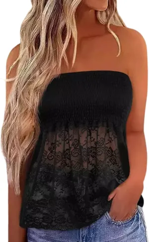 MHTOR American Flag Smocked Strapless Bandeau Tank Women 4th of July Sleeveless Casual Pleated Flowy Crop Tunic Blouses