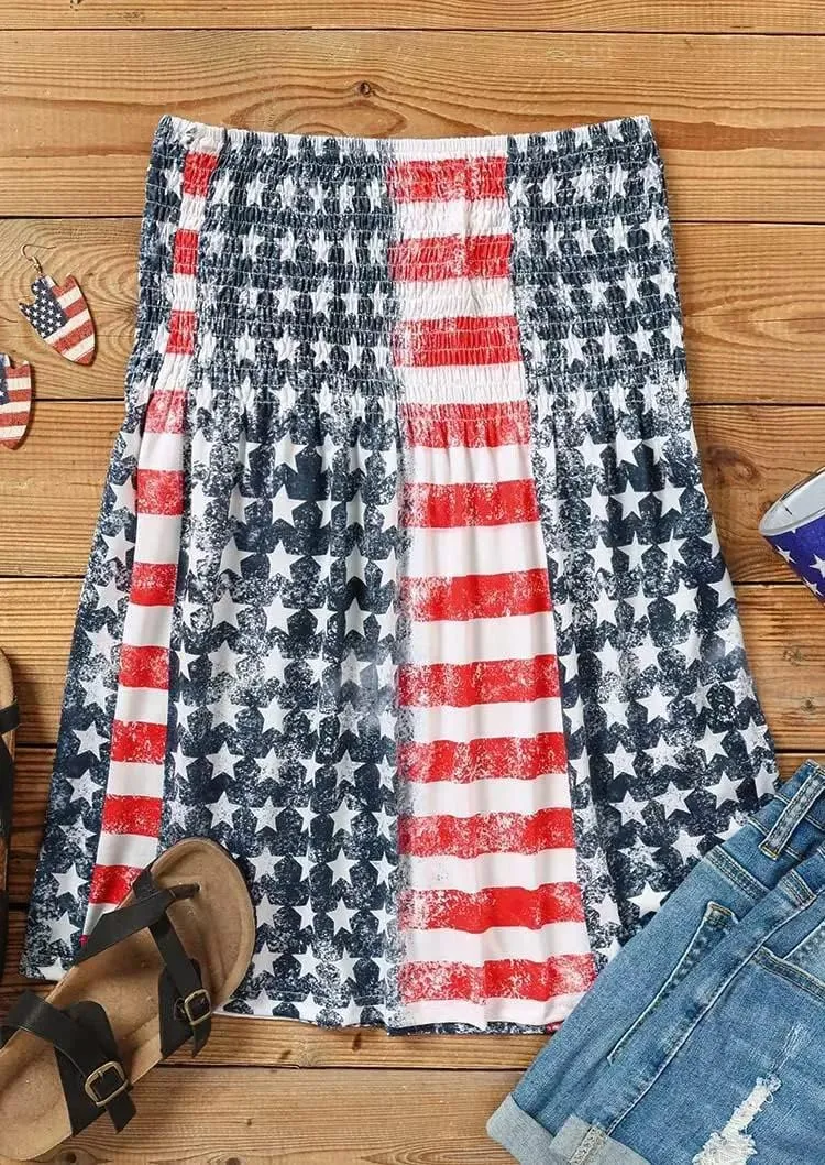 MHTOR American Flag Smocked Strapless Bandeau Tank Women 4th of July Sleeveless Casual Pleated Flowy Crop Tunic Blouses