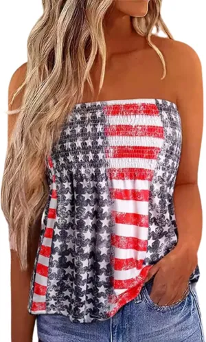 MHTOR American Flag Smocked Strapless Bandeau Tank Women 4th of July Sleeveless Casual Pleated Flowy Crop Tunic Blouses