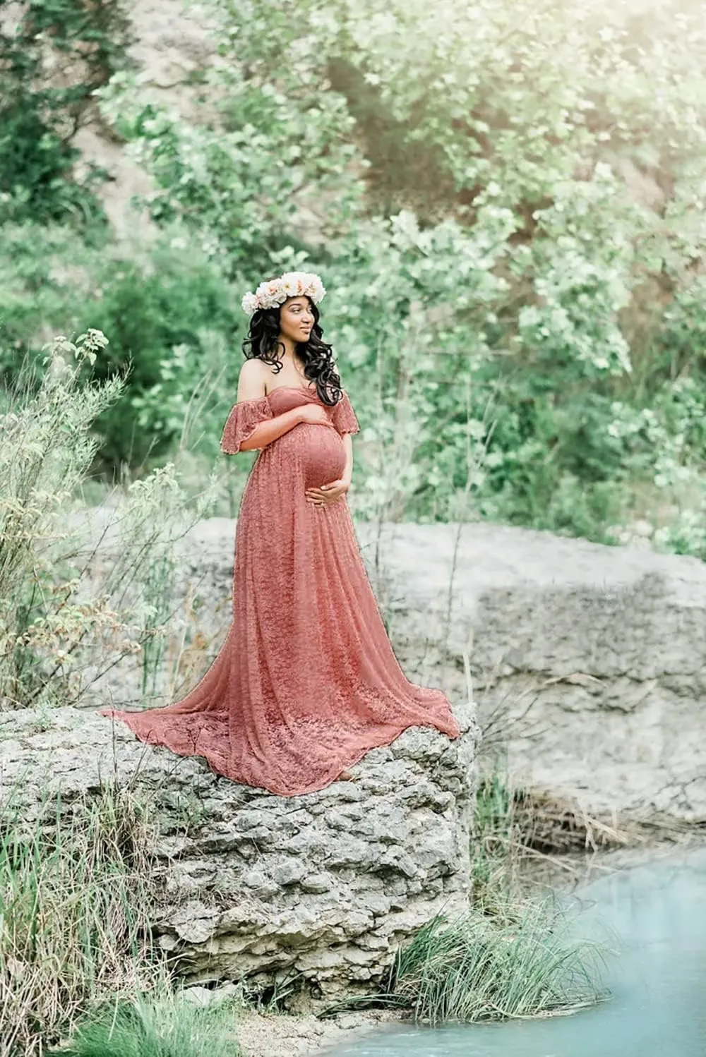 MINGXIN Maternity Photography Dress Off Shoulder Pregnancy Photoshoot Props for Baby Shower Long Maxi Dresses Chiffon Gown