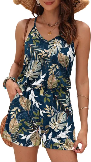 MISFAY Womens Summer Loose V Neck Spaghetti Strap Short Jumpsuit Rompers