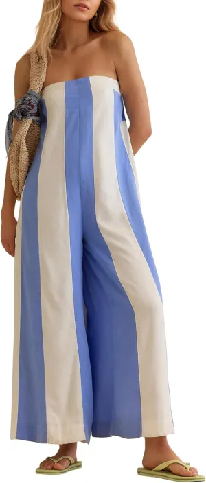 MISSACTIVER Summer Wide Leg Jumpsuits for Women Striped Strapless Long Rompers 2025 Sleeveless One Piece Outfits with Pocket