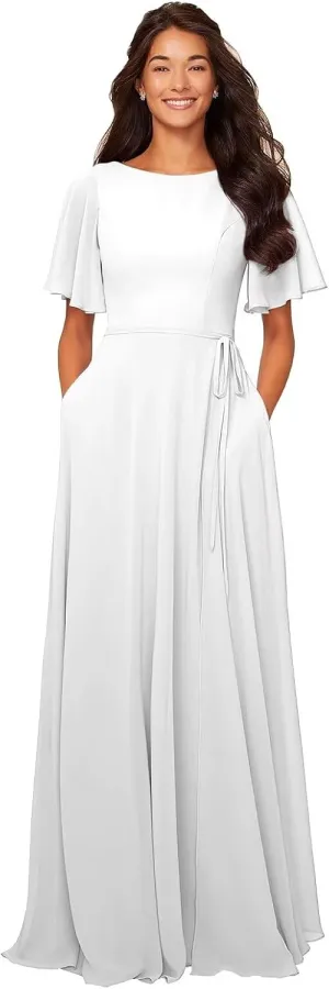 Modest Bridesmaid Dresses Short Sleeves Long Chiffon Formal Wedding Guest Gown with Pockets
