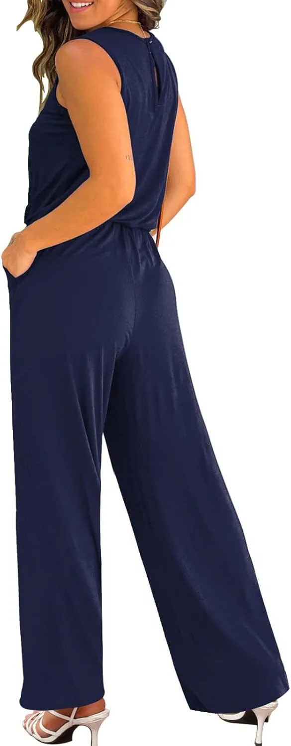 Mokayee Women's Sumemr Cute Front Tie Long Wide Leg Jumpsuits Beach Sleeveless Round Neck Rompers with Pockets