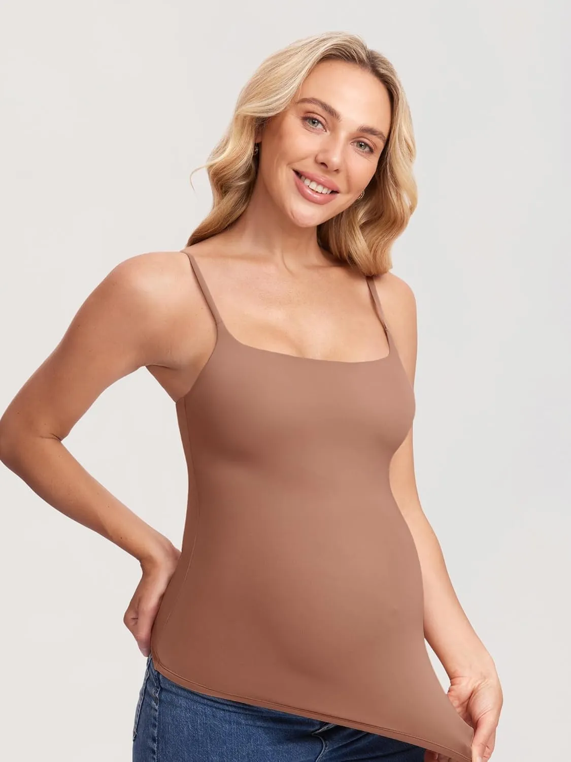 MOMANDA Inbarely Maternity Tank Top for Woman Square Neck Camisole with Built in Bra Sleeveless Pregnancy Basic Yoga Tops