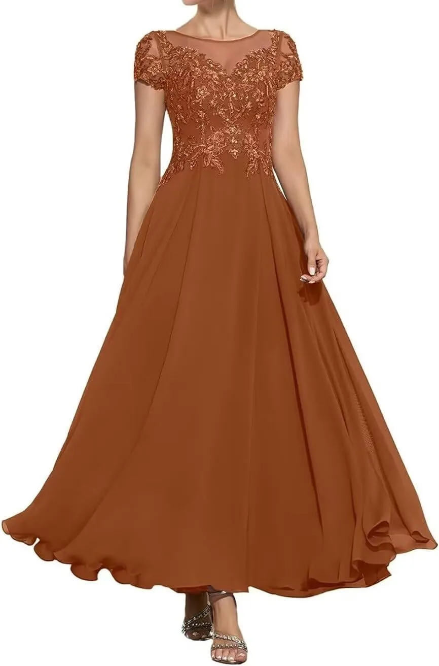 Mother of The Bride Dresses for Wedding Tea Length Cap Sleeves Formal Evening Party Prom Short Lace Gowns for Women