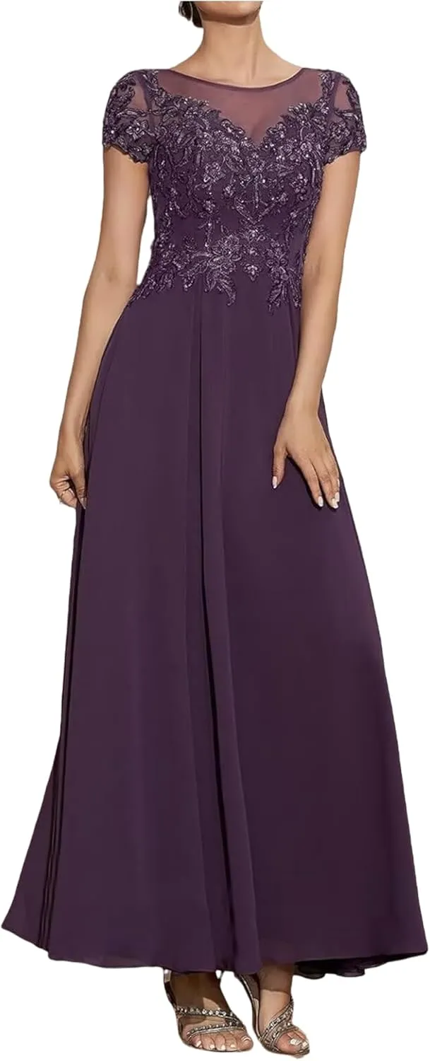Mother of The Bride Dresses for Wedding Tea Length Cap Sleeves Formal Evening Party Prom Short Lace Gowns for Women