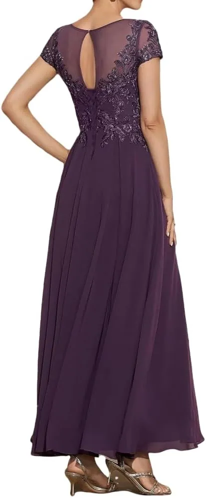 Mother of The Bride Dresses for Wedding Tea Length Cap Sleeves Formal Evening Party Prom Short Lace Gowns for Women