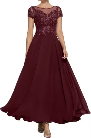 Mother of The Bride Dresses for Wedding Tea Length Cap Sleeves Formal Evening Party Prom Short Lace Gowns for Women