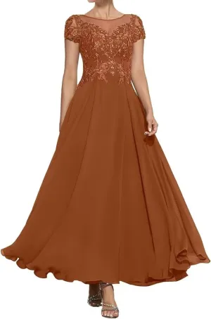 Mother of The Bride Dresses for Wedding Tea Length Cap Sleeves Formal Evening Party Prom Short Lace Gowns for Women