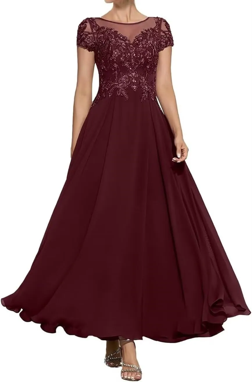 Mother of The Bride Dresses for Wedding Tea Length Cap Sleeves Formal Evening Party Prom Short Lace Gowns for Women