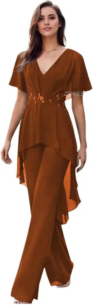 Mother of The Bride Pantsuits for Wedding Chiffon V Neck Formal Outfits with Sleeves