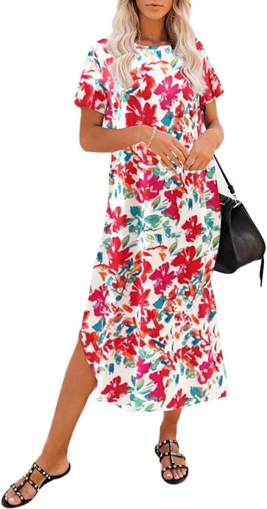 Naggoo Women's Short Sleeve Split Maxi Dress Casual Plain Tie Dye Print Tshirt Long Dresses with Pockets