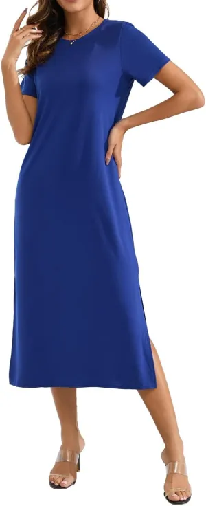 Naggoo Women's Short Sleeve Split Maxi Dress Casual Plain Tie Dye Print Tshirt Long Dresses with Pockets