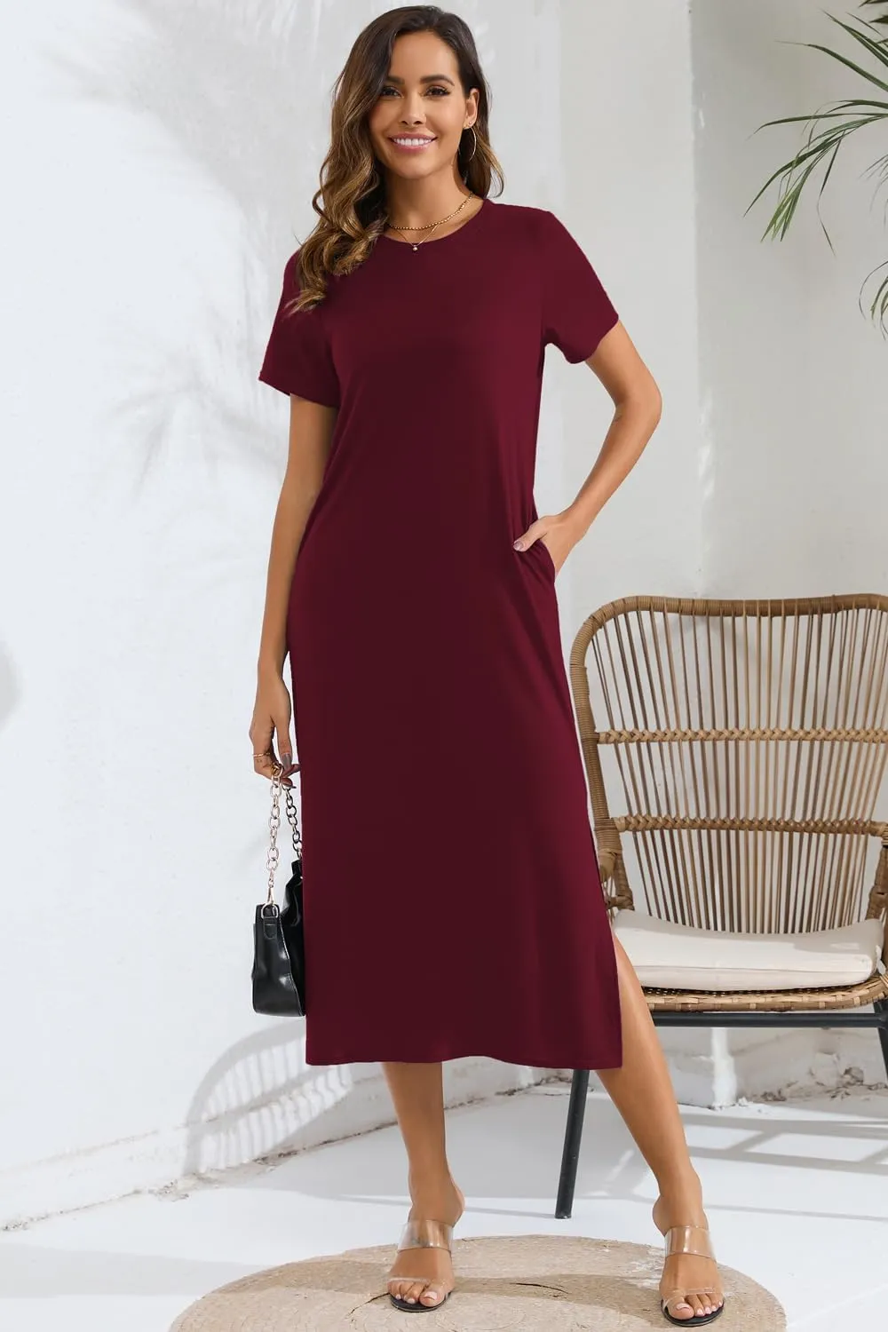 Naggoo Women's Short Sleeve Split Maxi Dress Casual Plain Tie Dye Print Tshirt Long Dresses with Pockets