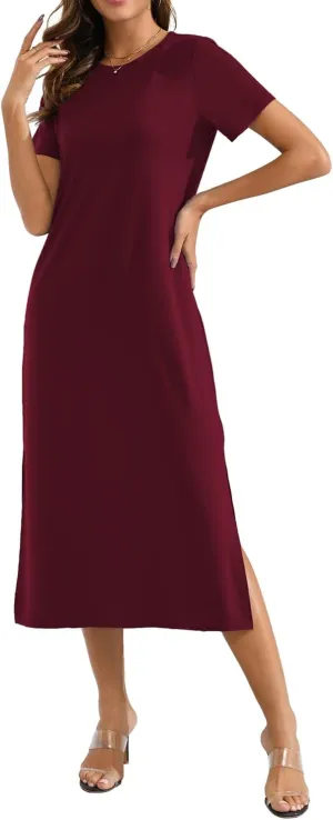 Naggoo Women's Short Sleeve Split Maxi Dress Casual Plain Tie Dye Print Tshirt Long Dresses with Pockets
