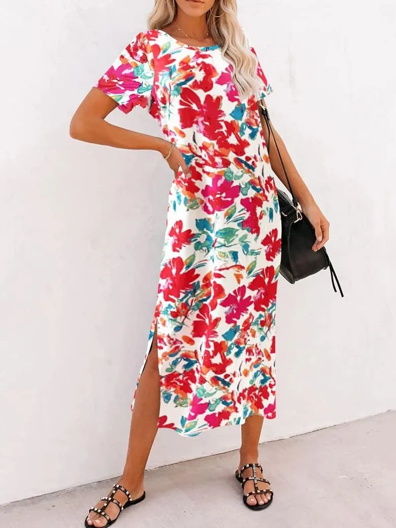 Naggoo Women's Short Sleeve Split Maxi Dress Casual Plain Tie Dye Print Tshirt Long Dresses with Pockets