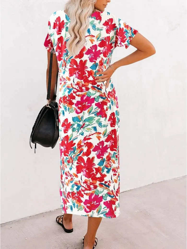 Naggoo Women's Short Sleeve Split Maxi Dress Casual Plain Tie Dye Print Tshirt Long Dresses with Pockets