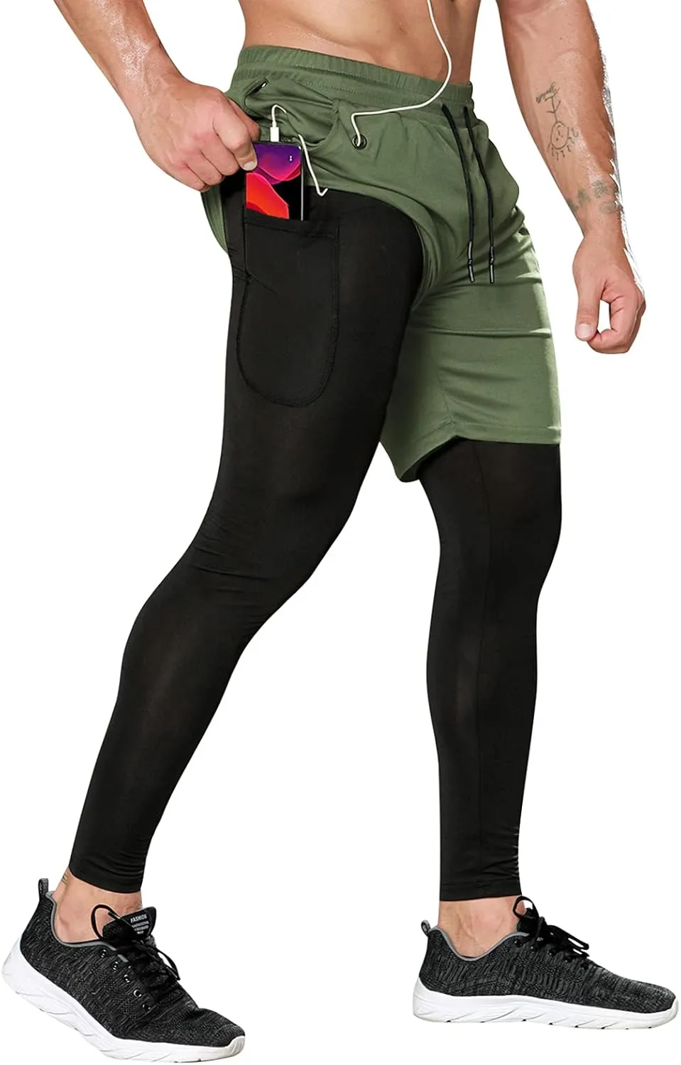 Odoland 2 Pack Mens Compression Running Pants, 2 in 1 Quick Dry Athletic Workout Sweatpants Shorts Gym Leggings with Pocket