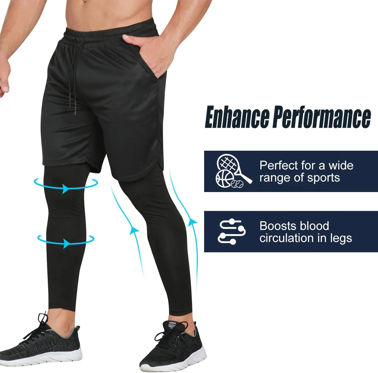 Odoland 2 Pack Mens Compression Running Pants, 2 in 1 Quick Dry Athletic Workout Sweatpants Shorts Gym Leggings with Pocket