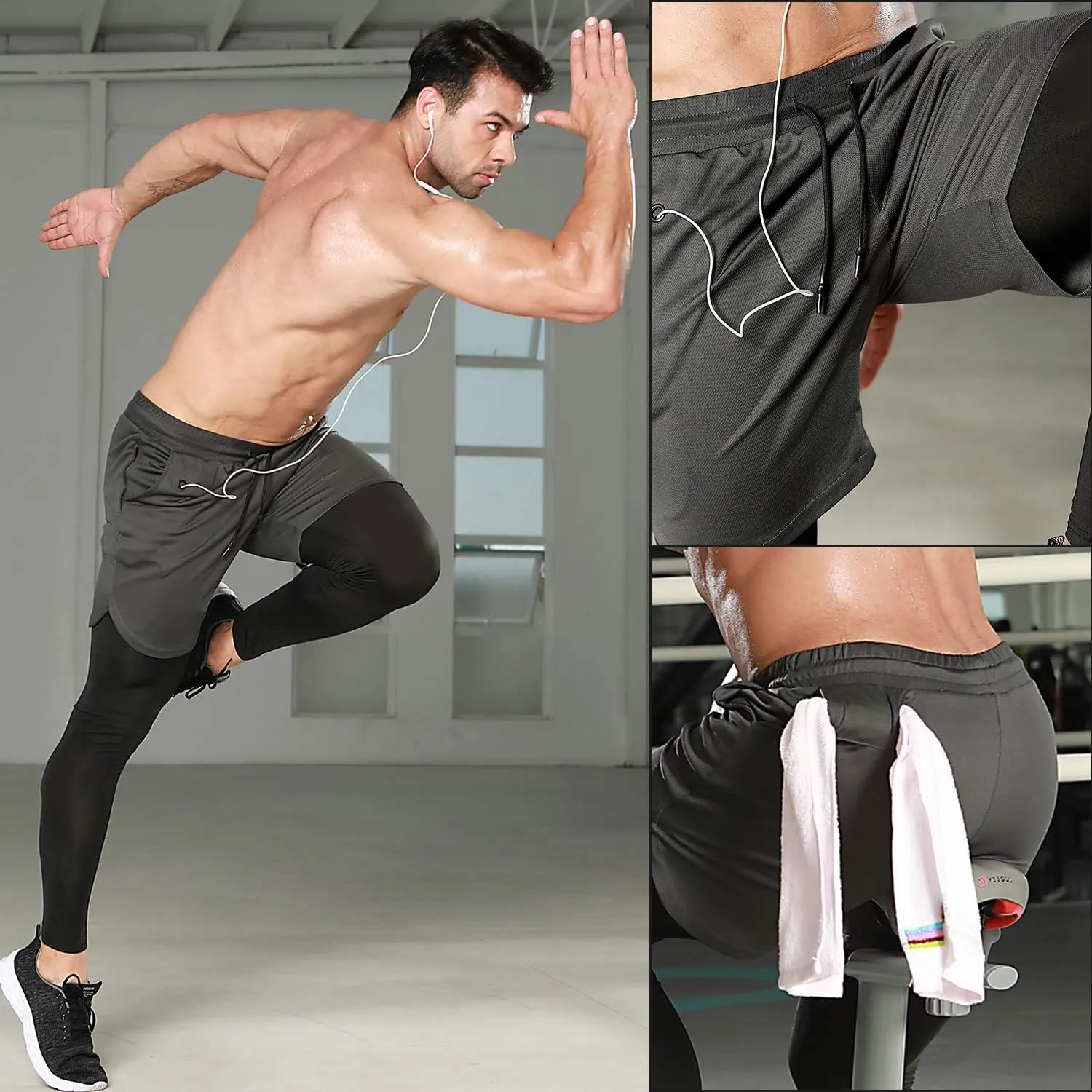 Odoland 2 Pack Mens Compression Running Pants, 2 in 1 Quick Dry Athletic Workout Sweatpants Shorts Gym Leggings with Pocket