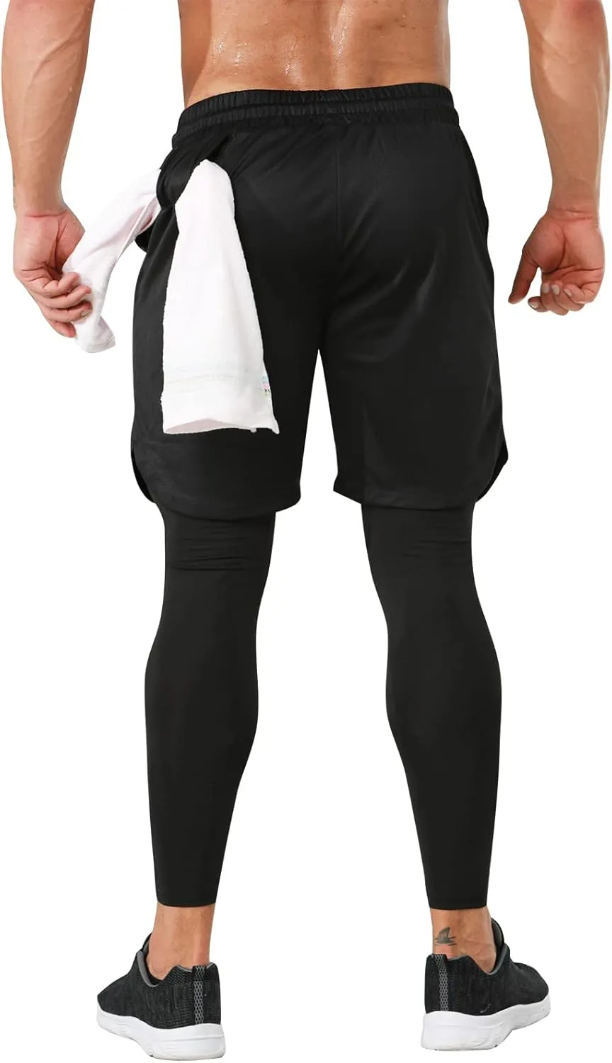 Odoland 2 Pack Mens Compression Running Pants, 2 in 1 Quick Dry Athletic Workout Sweatpants Shorts Gym Leggings with Pocket