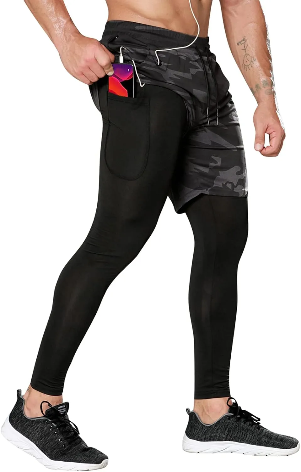 Odoland 2 Pack Mens Compression Running Pants, 2 in 1 Quick Dry Athletic Workout Sweatpants Shorts Gym Leggings with Pocket