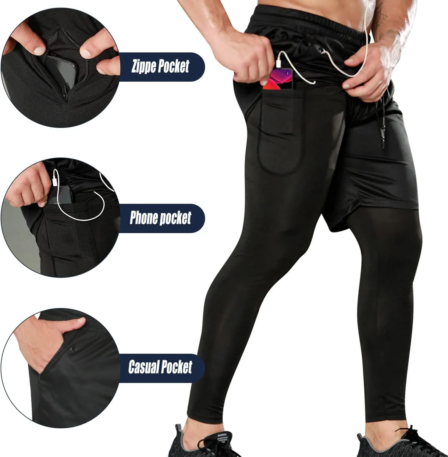 Odoland 2 Pack Mens Compression Running Pants, 2 in 1 Quick Dry Athletic Workout Sweatpants Shorts Gym Leggings with Pocket