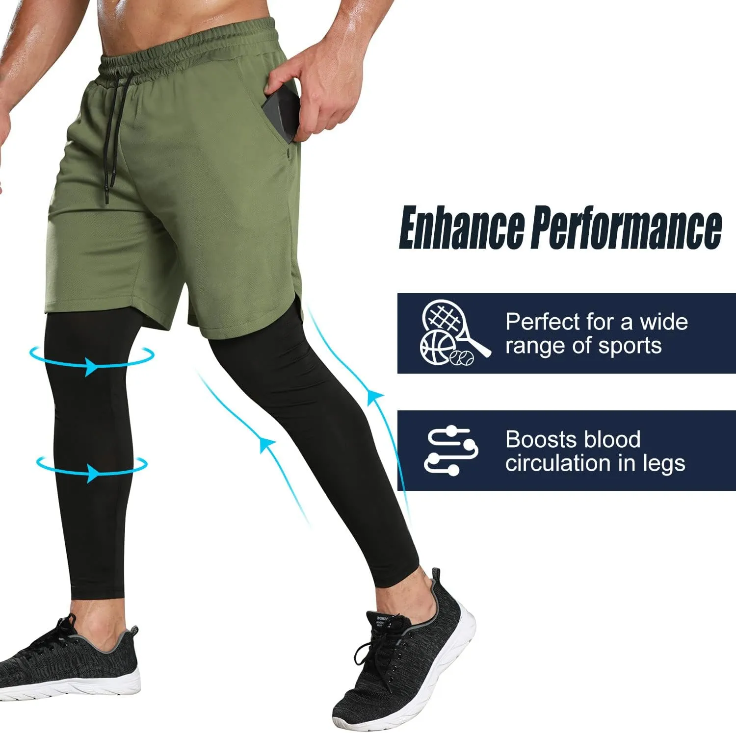 Odoland 2 Pack Mens Compression Running Pants, 2 in 1 Quick Dry Athletic Workout Sweatpants Shorts Gym Leggings with Pocket