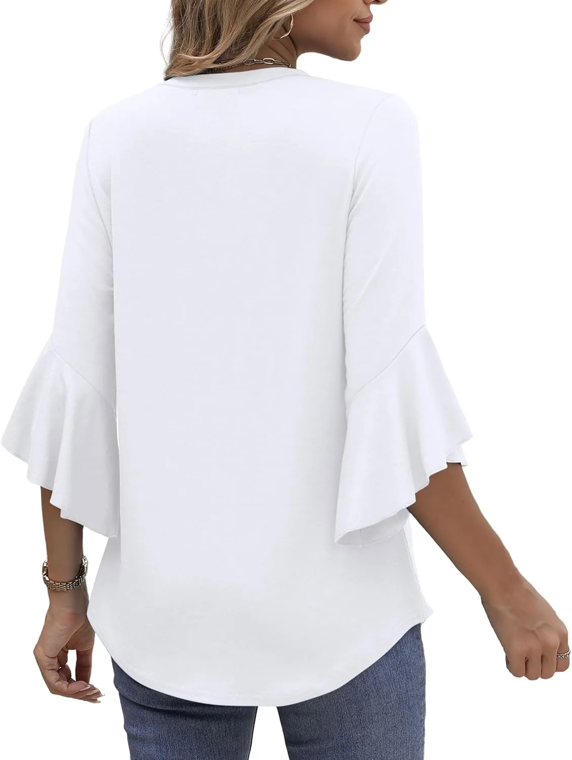 OFEEFAN Blouses for Women Dressy Casual 3/4 Length Sleeve Womens Tops V Neck Tshirts Shirts with Flared Sleeve