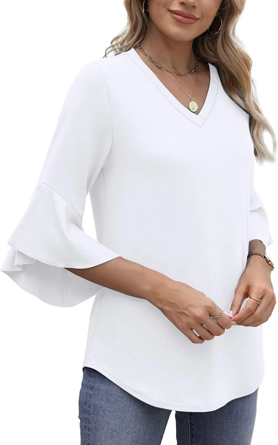 OFEEFAN Blouses for Women Dressy Casual 3/4 Length Sleeve Womens Tops V Neck Tshirts Shirts with Flared Sleeve