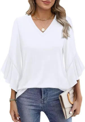 OFEEFAN Blouses for Women Dressy Casual 3/4 Length Sleeve Womens Tops V Neck Tshirts Shirts with Flared Sleeve