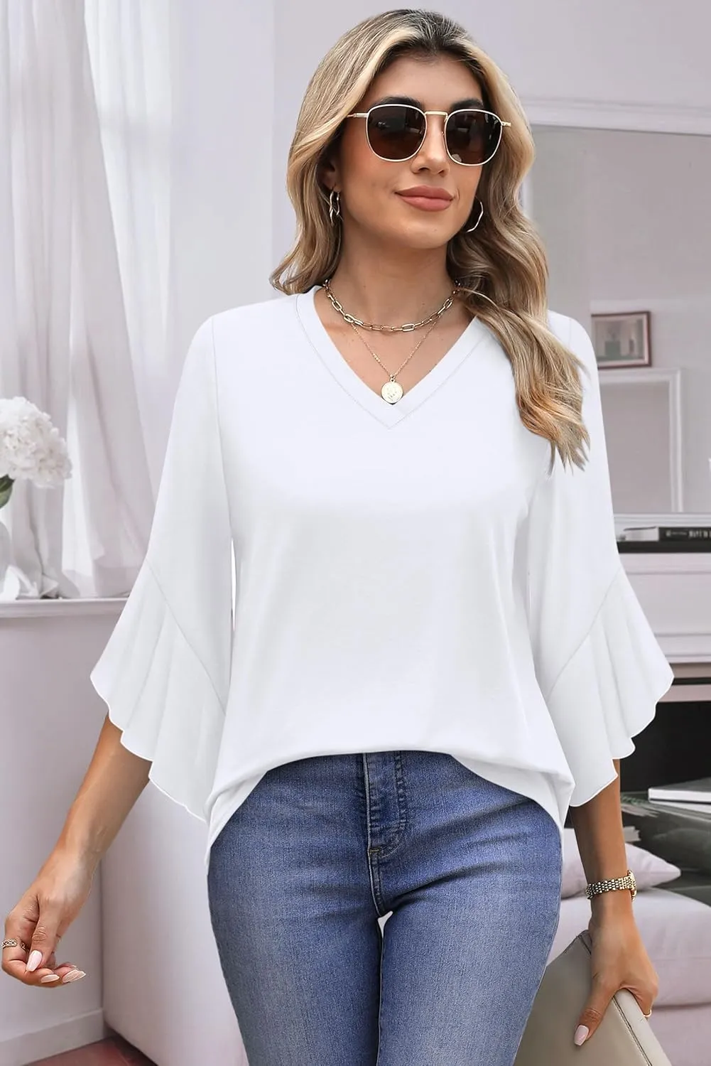 OFEEFAN Blouses for Women Dressy Casual 3/4 Length Sleeve Womens Tops V Neck Tshirts Shirts with Flared Sleeve