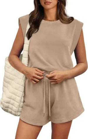 OFEEFAN Rompers for Women Summer Cap Sleeve Adjustable Drawstring Waistband Crewneck Casual Outfits with Pockets