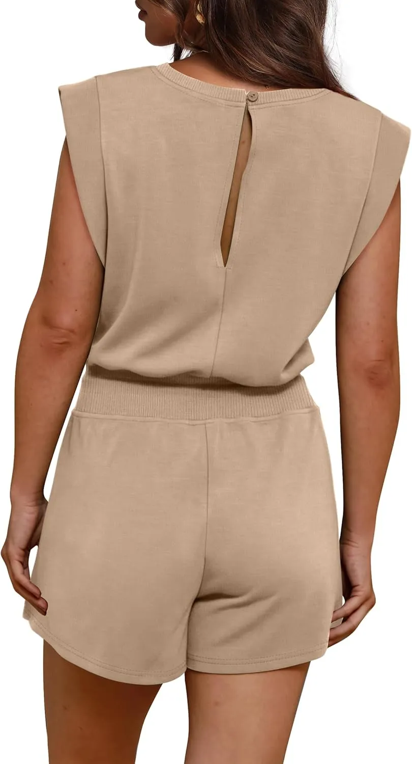OFEEFAN Rompers for Women Summer Cap Sleeve Adjustable Drawstring Waistband Crewneck Casual Outfits with Pockets