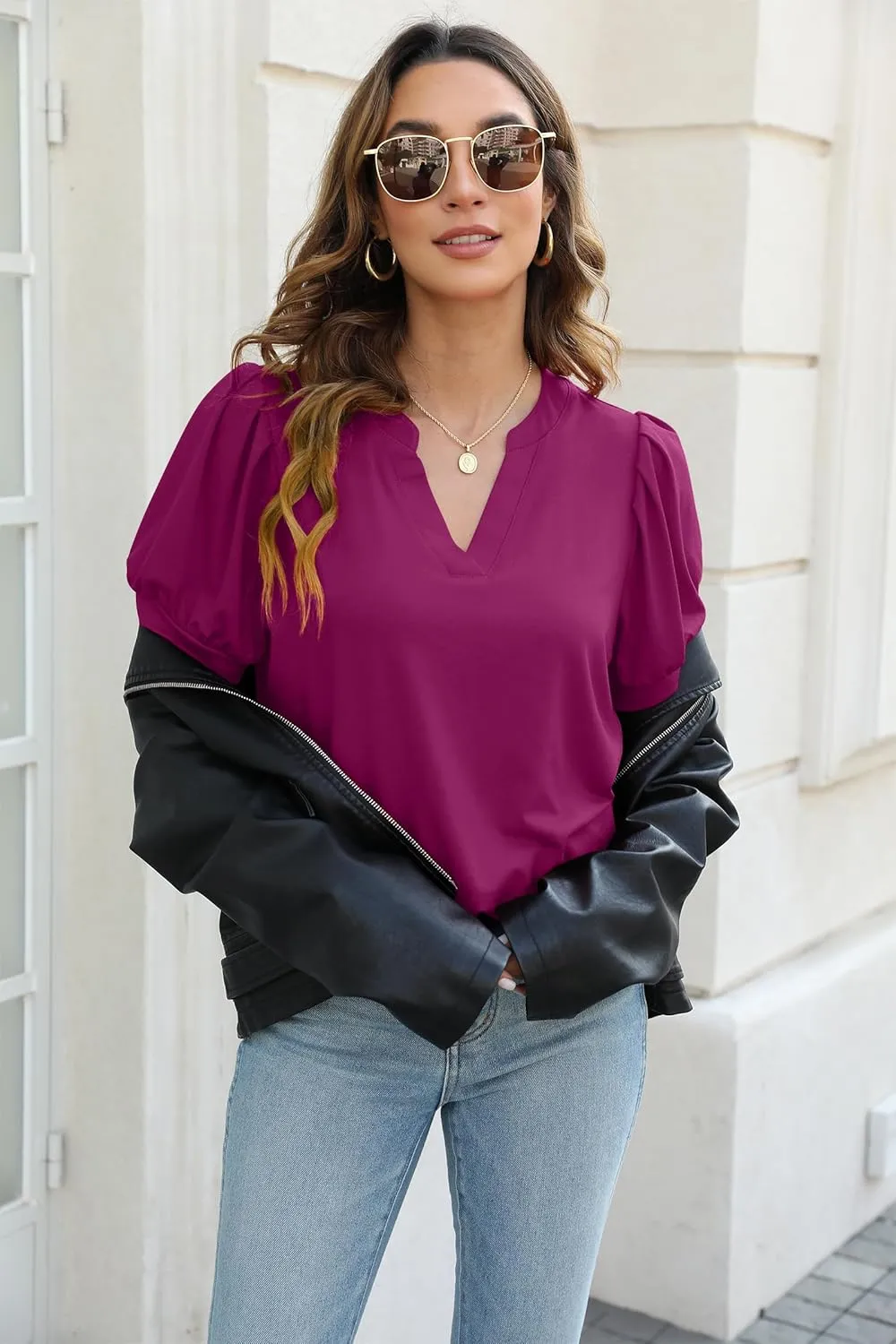 OFEEFAN Women's Pleated Puff Sleeve Tops Summer V Neck Tunic Shirts Loose Curved Hem Blouses Dressy Casual S-3XL