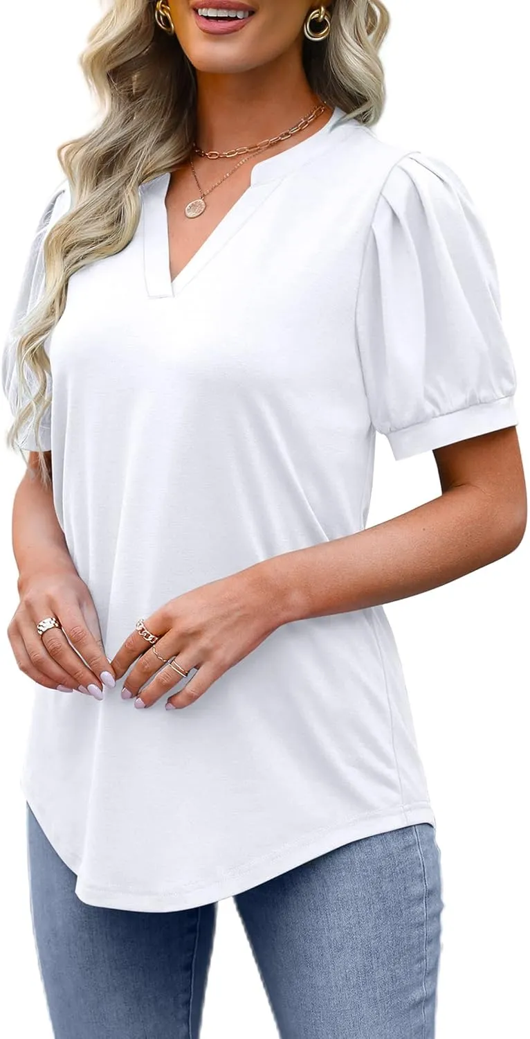 OFEEFAN Women's Pleated Puff Sleeve Tops Summer V Neck Tunic Shirts Loose Curved Hem Blouses Dressy Casual S-3XL