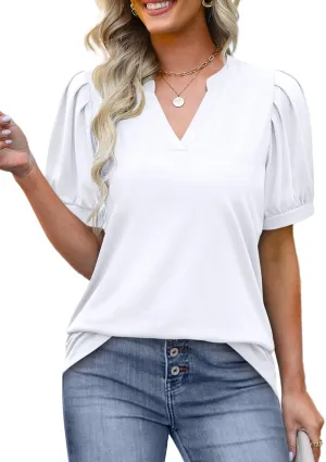 OFEEFAN Women's Pleated Puff Sleeve Tops Summer V Neck Tunic Shirts Loose Curved Hem Blouses Dressy Casual S-3XL