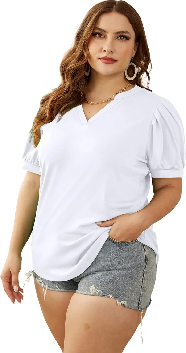 OFEEFAN Women's Pleated Puff Sleeve Tops Summer V Neck Tunic Shirts Loose Curved Hem Blouses Dressy Casual S-3XL