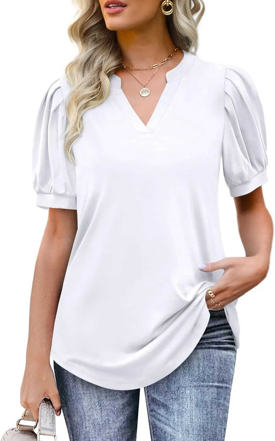 OFEEFAN Women's Pleated Puff Sleeve Tops Summer V Neck Tunic Shirts Loose Curved Hem Blouses Dressy Casual S-3XL