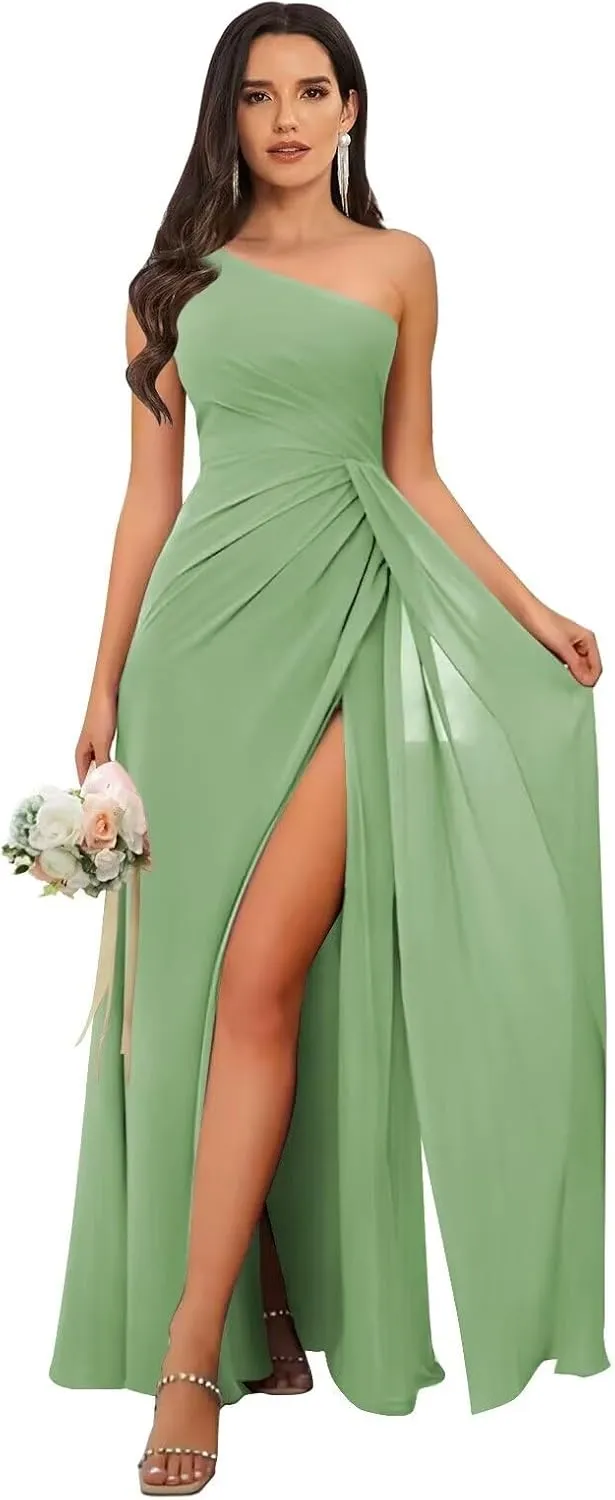 One Shoulder Bridesmaid Dresses for Wedding Long Chiffon Ruched Evening Gown with Slit