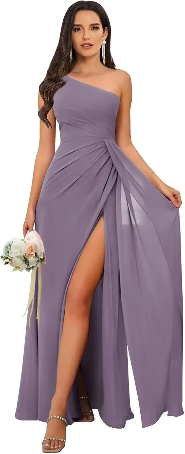 One Shoulder Bridesmaid Dresses for Wedding Long Chiffon Ruched Evening Gown with Slit