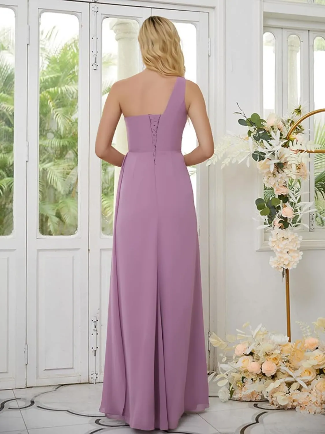 One Shoulder Bridesmaid Dresses for Wedding Long Chiffon Ruched Evening Gown with Slit